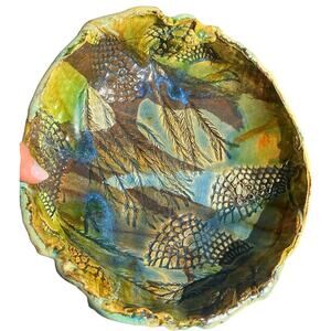 Studio Art Pottery Hand Painted Nature Terra Cotta Majolica Inspired Bowl